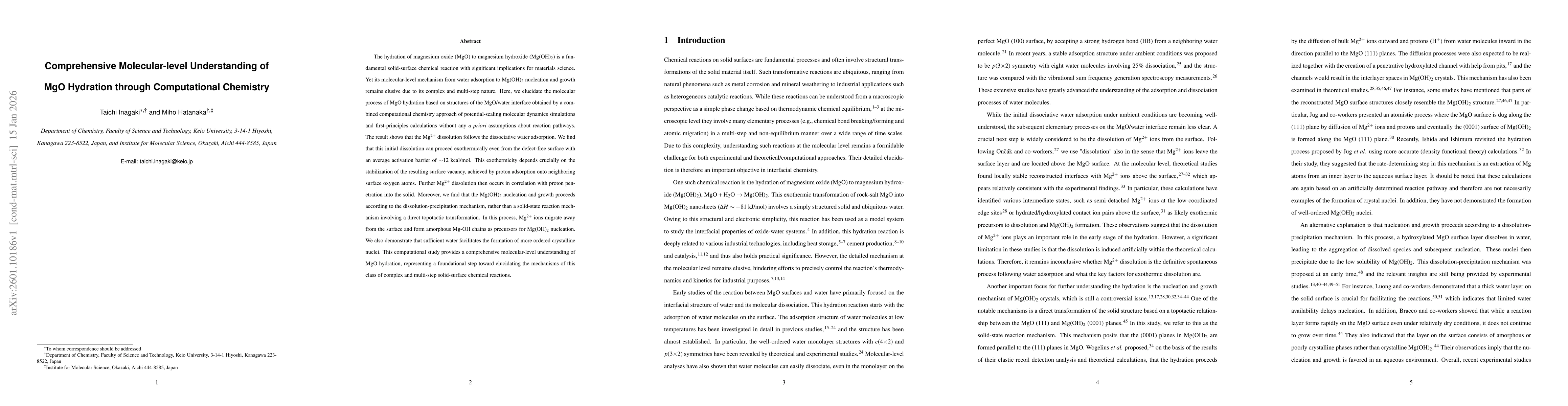 Thumbnail for Comprehensive Molecular-level Understanding of MgO Hydration through Computational Chemistry