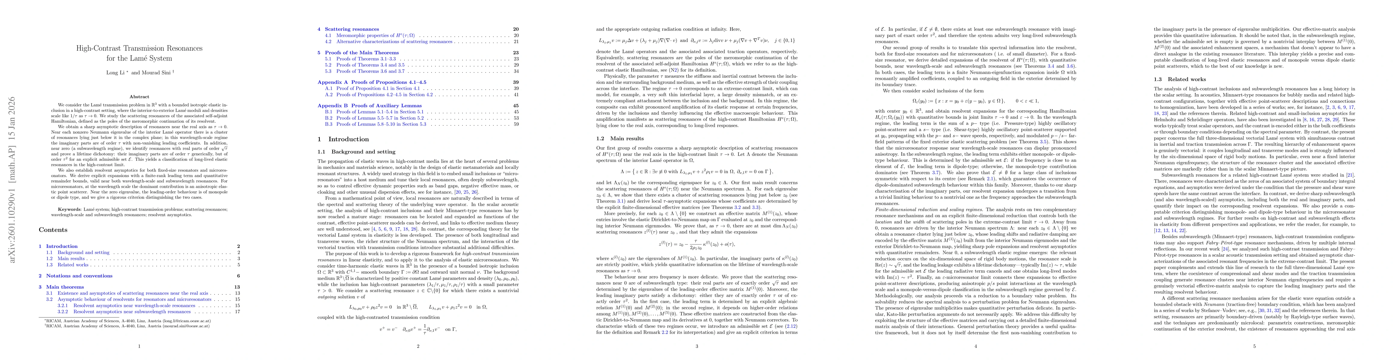 Thumbnail for High-Contrast Transmission Resonances for the Lamé System