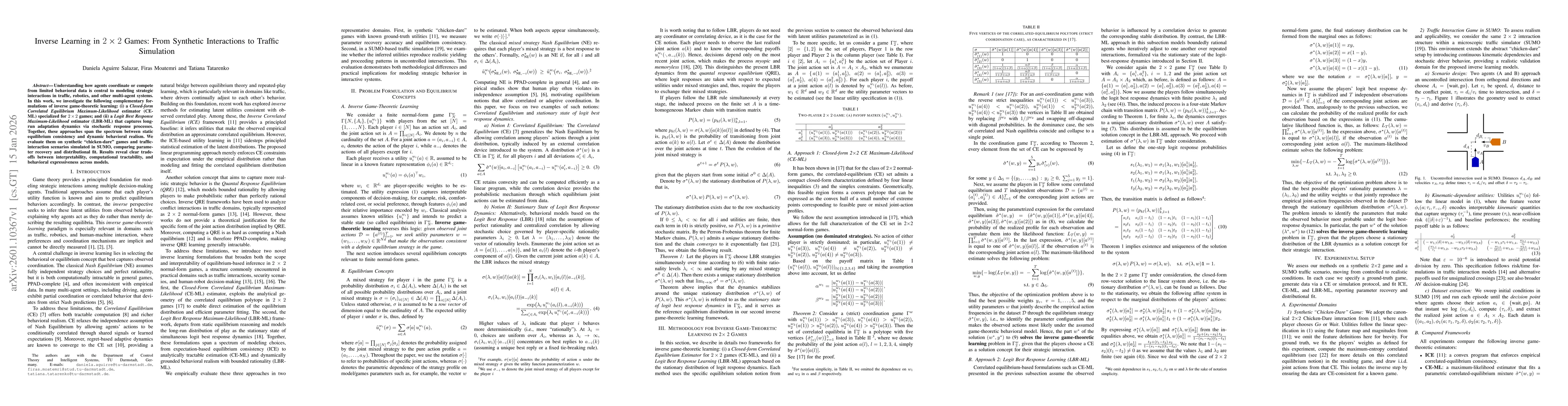 Thumbnail for Inverse Learning in $2\times2$ Games: From Synthetic Interactions to Traffic Simulation