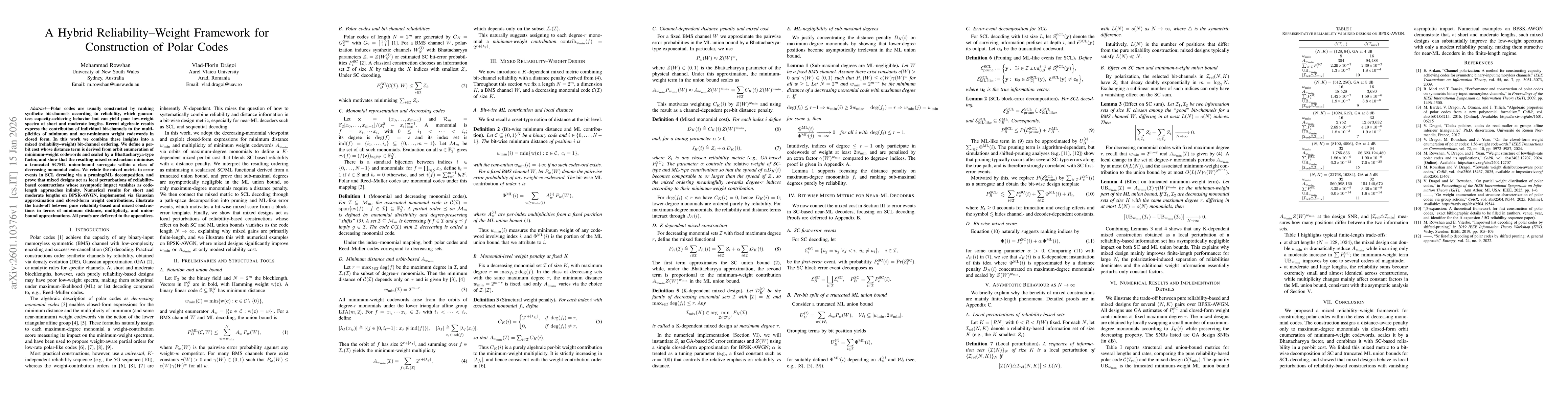 Thumbnail for A Hybrid Reliability--Weight Framework for Construction of Polar Codes