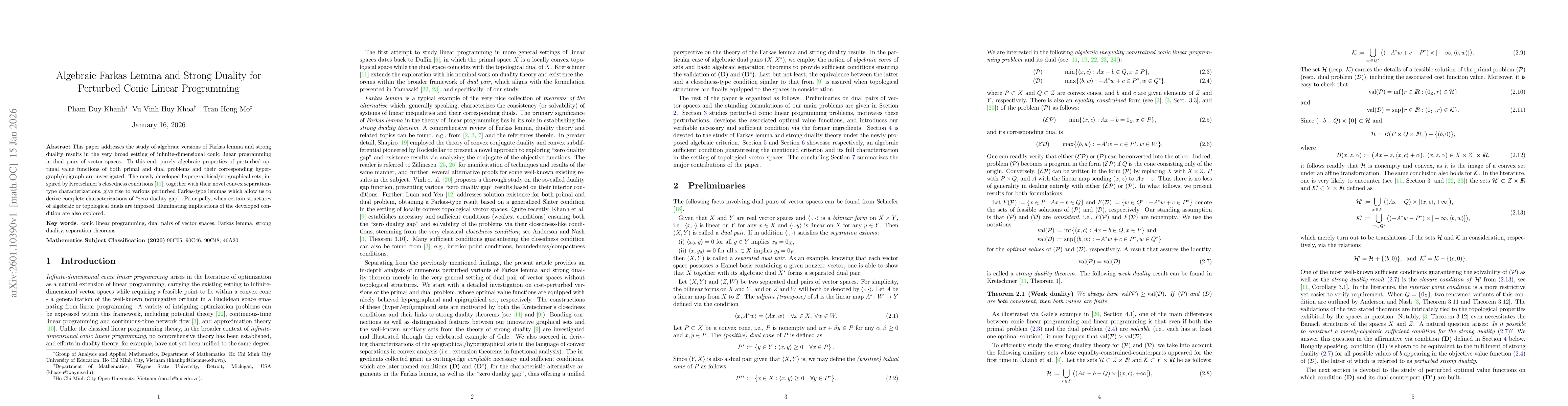 Thumbnail for Algebraic Farkas Lemma and Strong Duality for Perturbed Conic Linear Programming