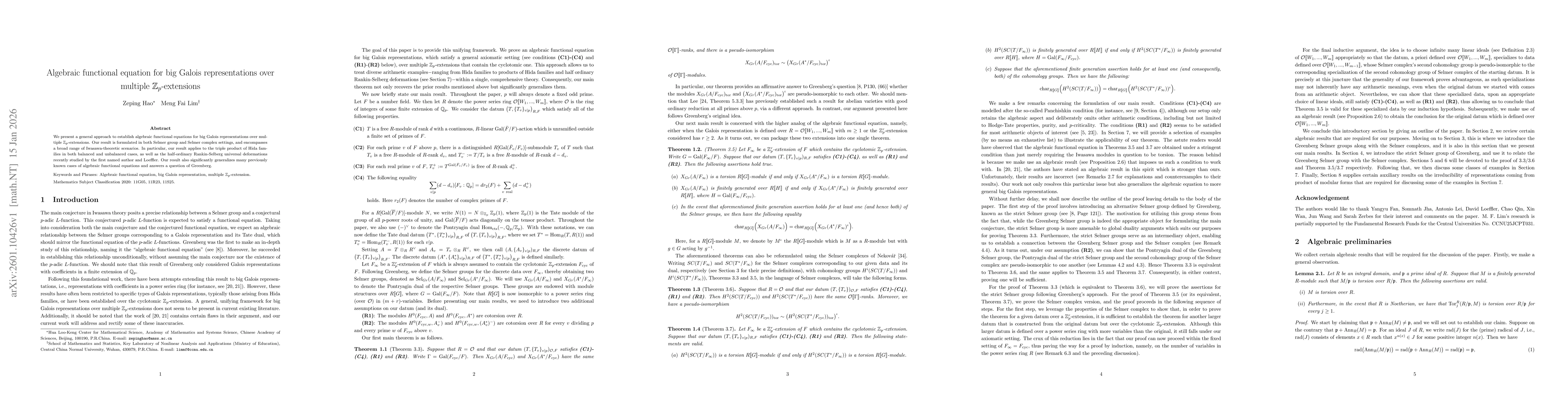 Thumbnail for Algebraic functional equation for big Galois representations over multiple $\mathbb{Z}_p$-extensions