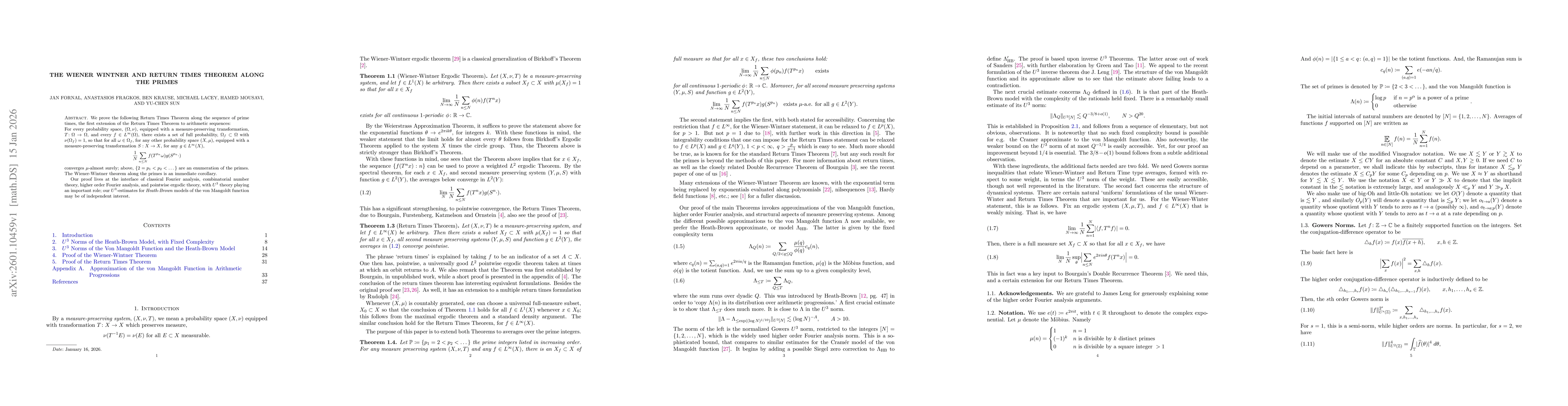 Thumbnail for The Wiener Wintner and Return Times Theorem Along the Primes