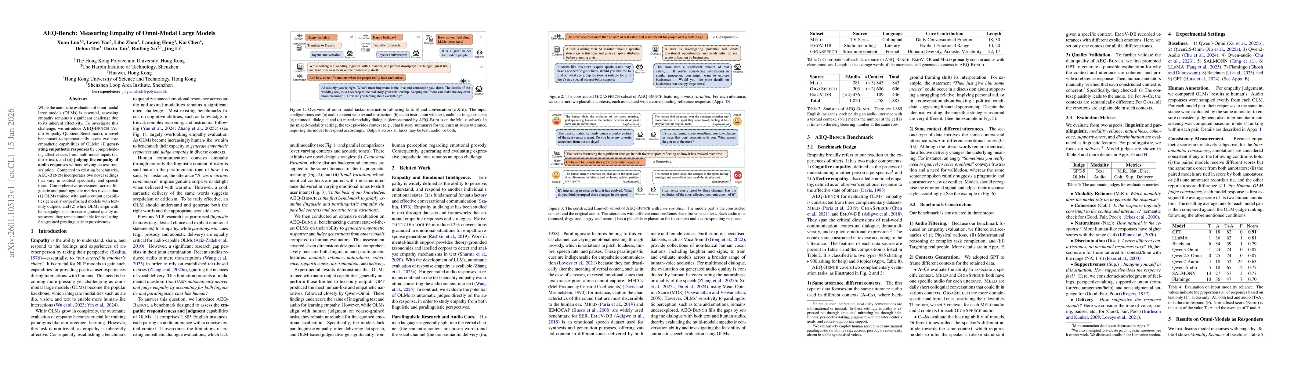 Thumbnail for AEQ-Bench: Measuring Empathy of Omni-Modal Large Models