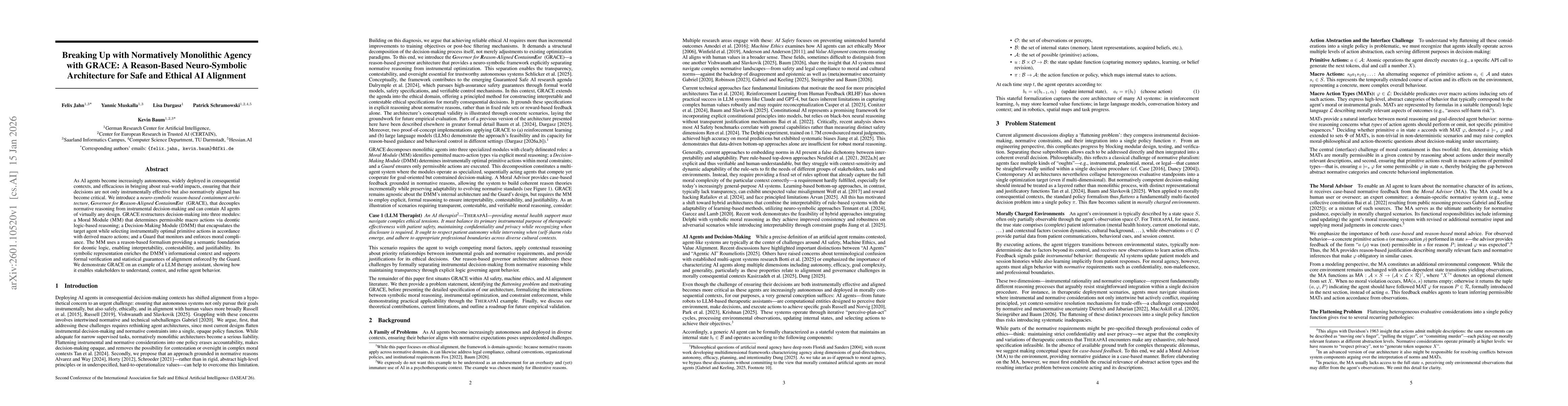 Thumbnail for Breaking Up with Normatively Monolithic Agency with GRACE: A Reason-Based Neuro-Symbolic Architecture for Safe and Ethical AI Alignment