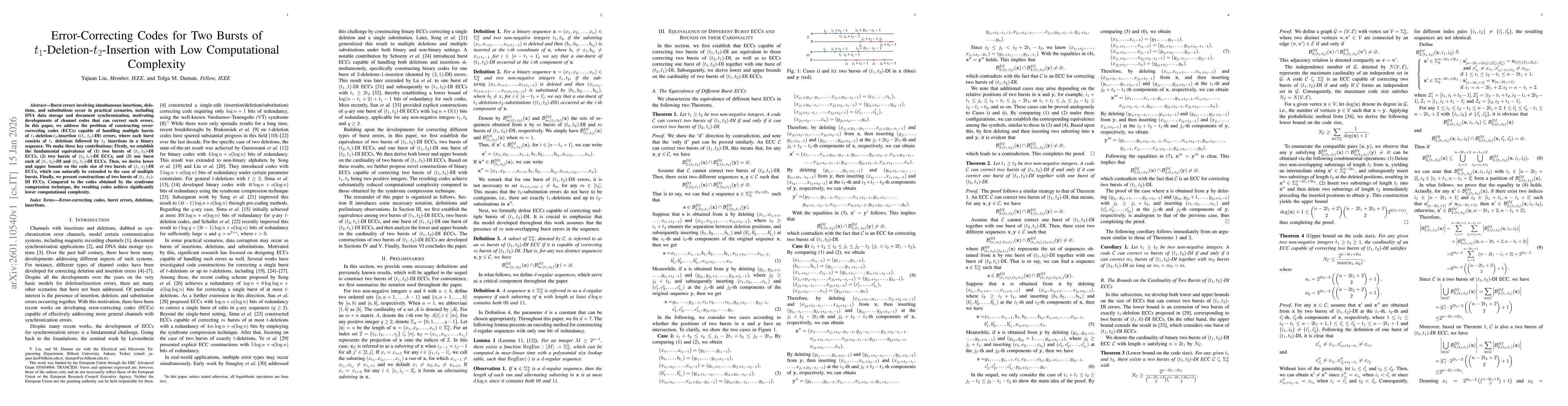 Thumbnail for Error-Correcting Codes for Two Bursts of t1-Deletion-t2-Insertion with Low Computational Complexity