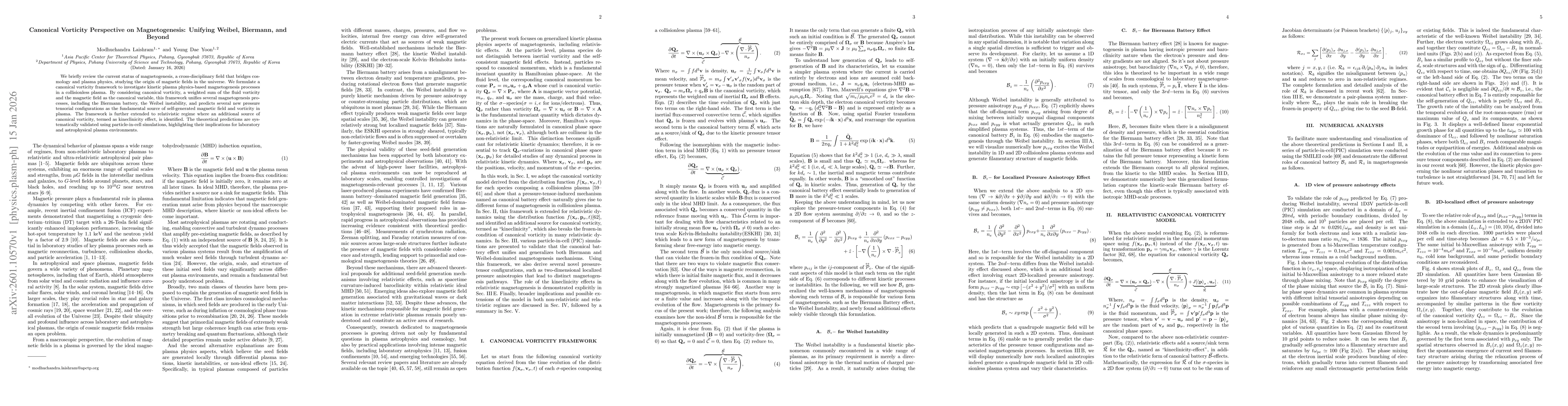 Thumbnail for Canonical Vorticity Perspective on Magnetogenesis: Unifying Weibel, Biermann, and Beyond