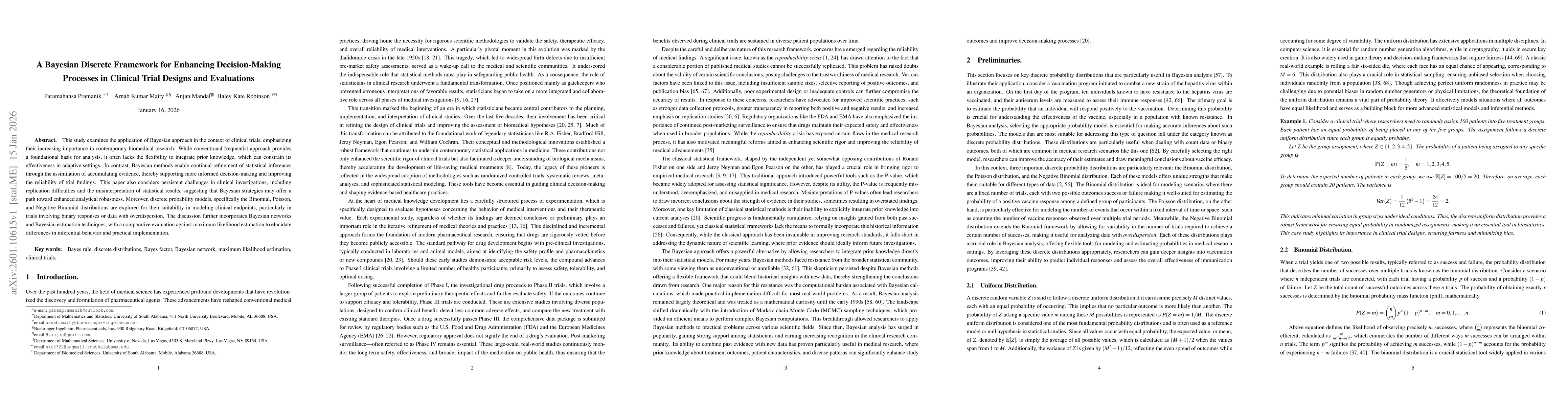 Thumbnail for A Bayesian Discrete Framework for Enhancing Decision-Making Processes in Clinical Trial Designs and Evaluations