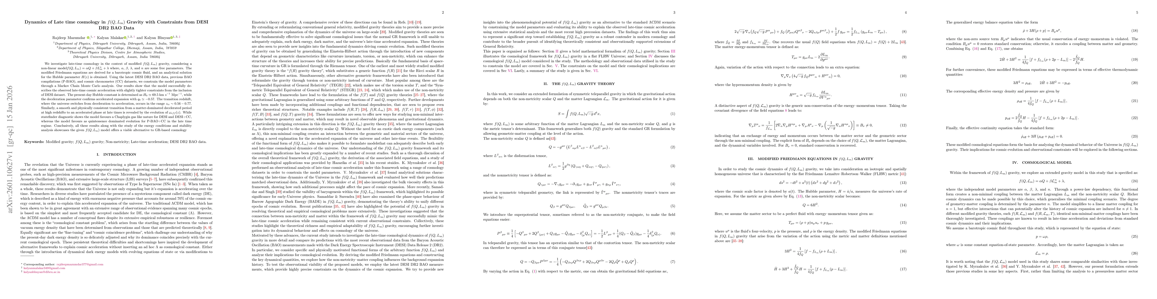 Thumbnail for Dynamics of Late time cosmology in $f(Q,L_{m})$ Gravity with Constraints from DESI DR2 BAO Data