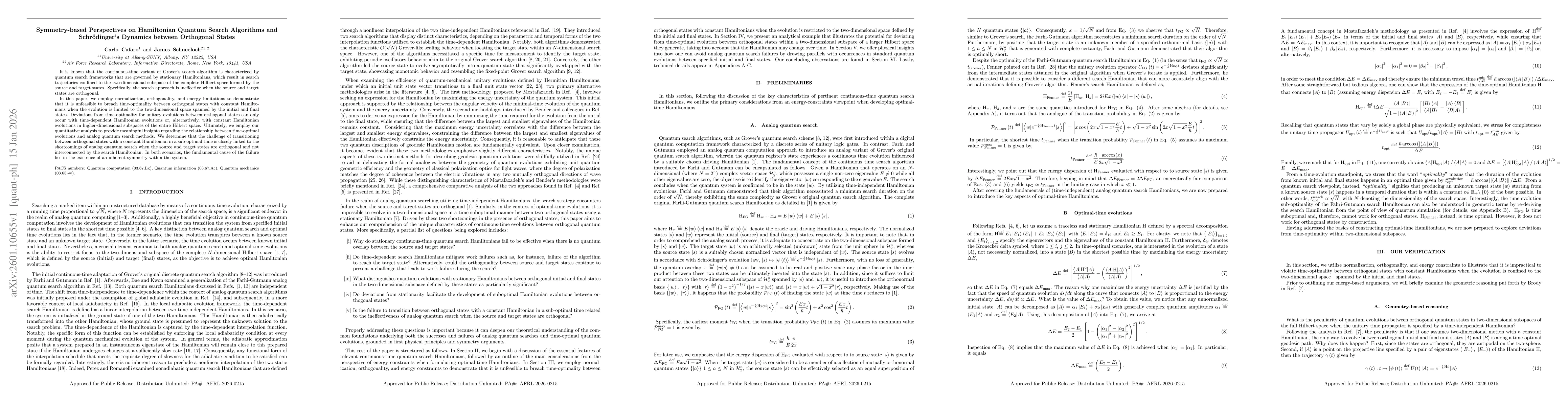 Thumbnail for Symmetry-based Perspectives on Hamiltonian Quantum Search Algorithms and Schrodinger's Dynamics between Orthogonal States