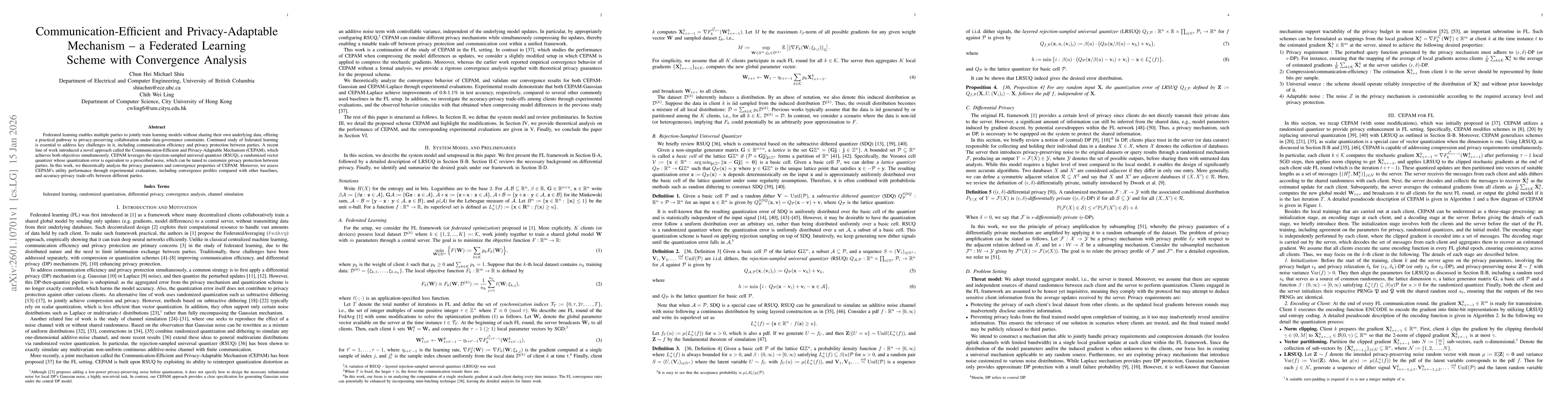 Thumbnail for Communication-Efficient and Privacy-Adaptable Mechanism -- a Federated Learning Scheme with Convergence Analysis