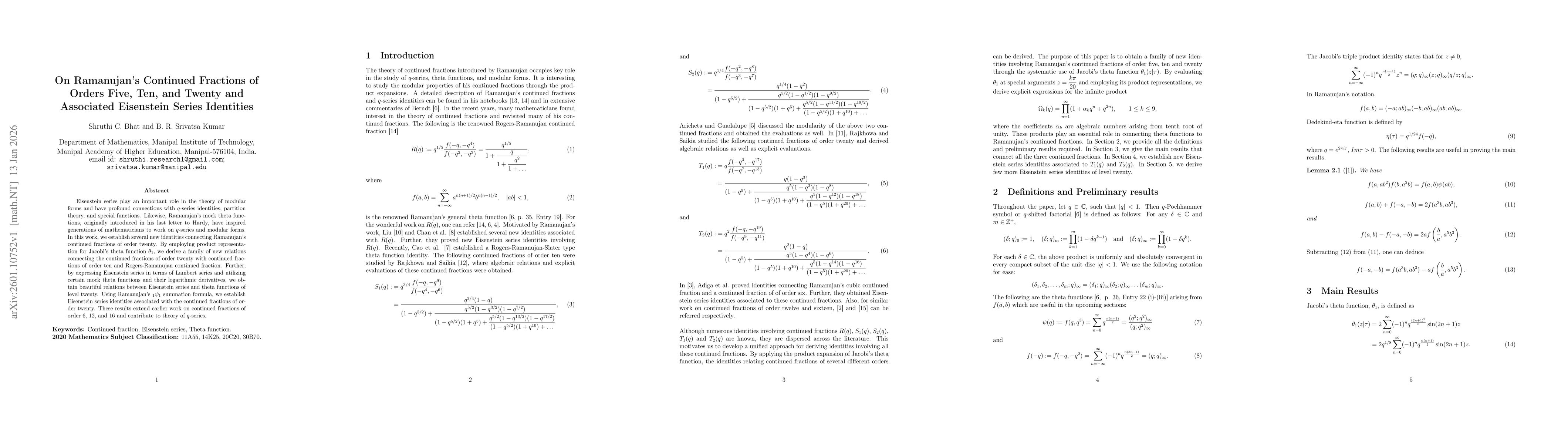 Thumbnail for On Ramanujan's Continued Fractions of Orders Five, Ten, and Twenty and Associated Eisenstein Series Identities