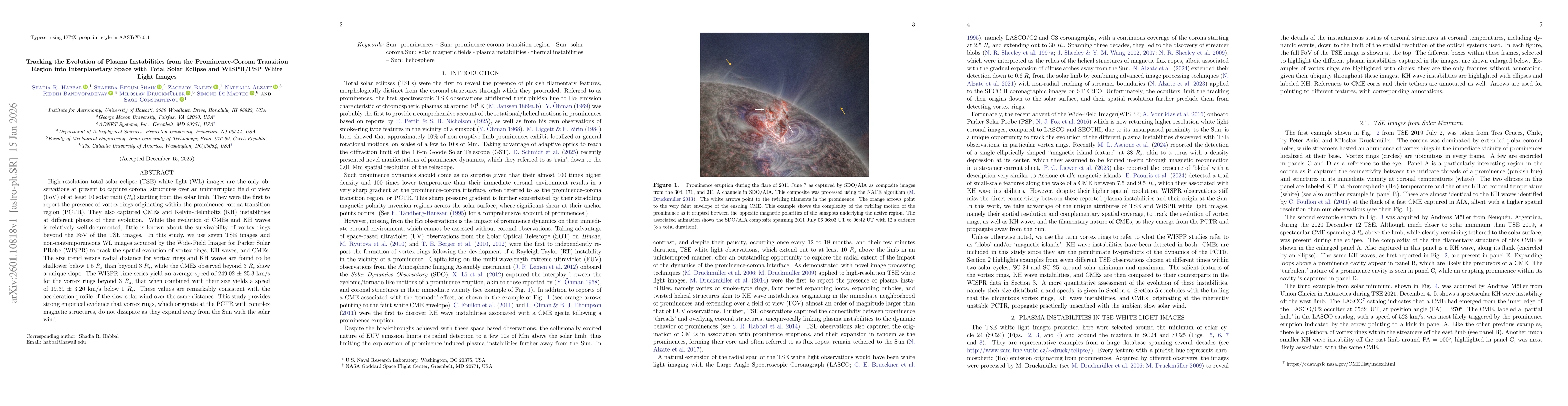 Thumbnail for Tracking the Evolution of Plasma Instabilities from the Prominence-Corona Transition Region into Interplanetary Space with Total Solar Eclipse and WISPR/PSP White Light Images