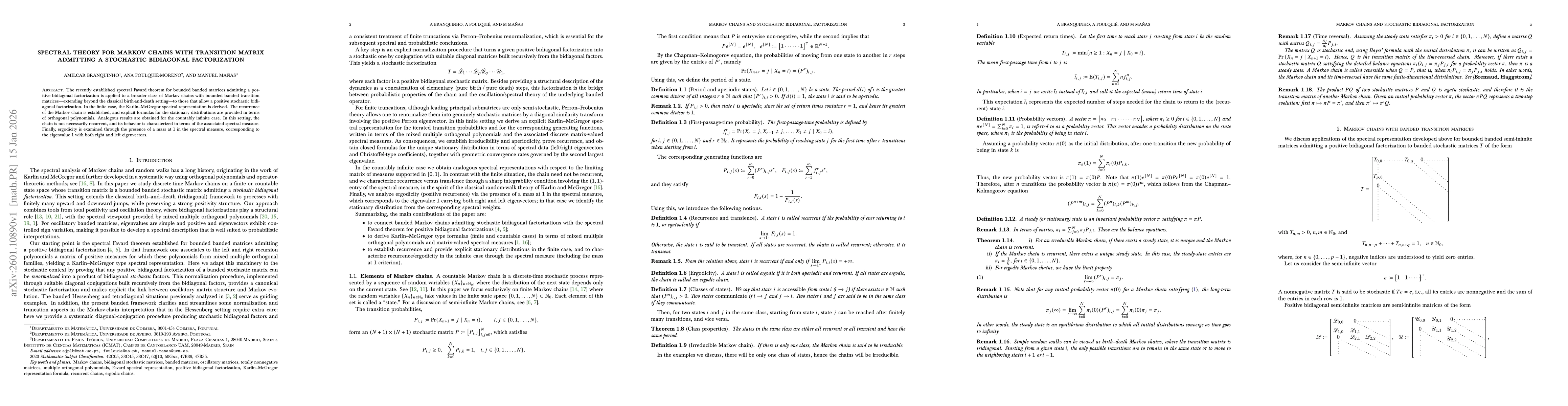 Thumbnail for Spectral theory for Markov chains with transition matrix admitting a stochastic bidiagonal factorization