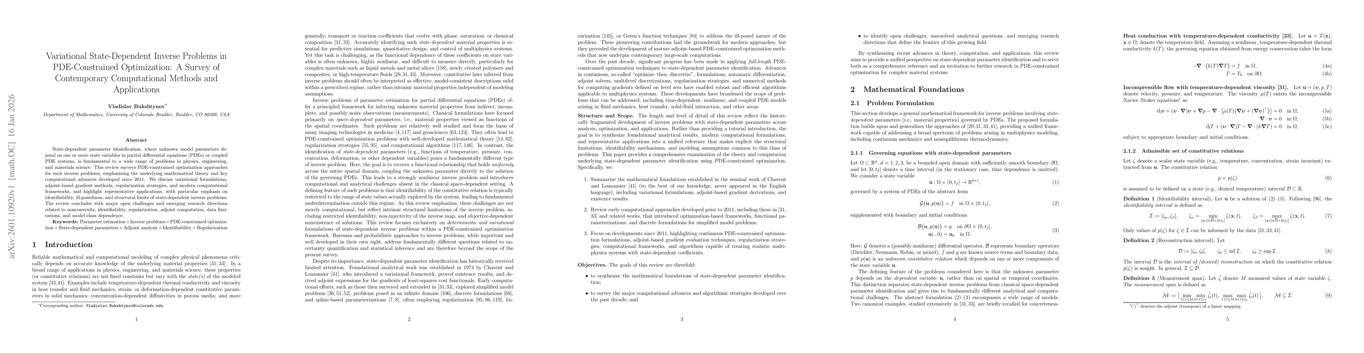 Thumbnail for Variational State-Dependent Inverse Problems in PDE-Constrained Optimization: A Survey of Contemporary Computational Methods and Applications
