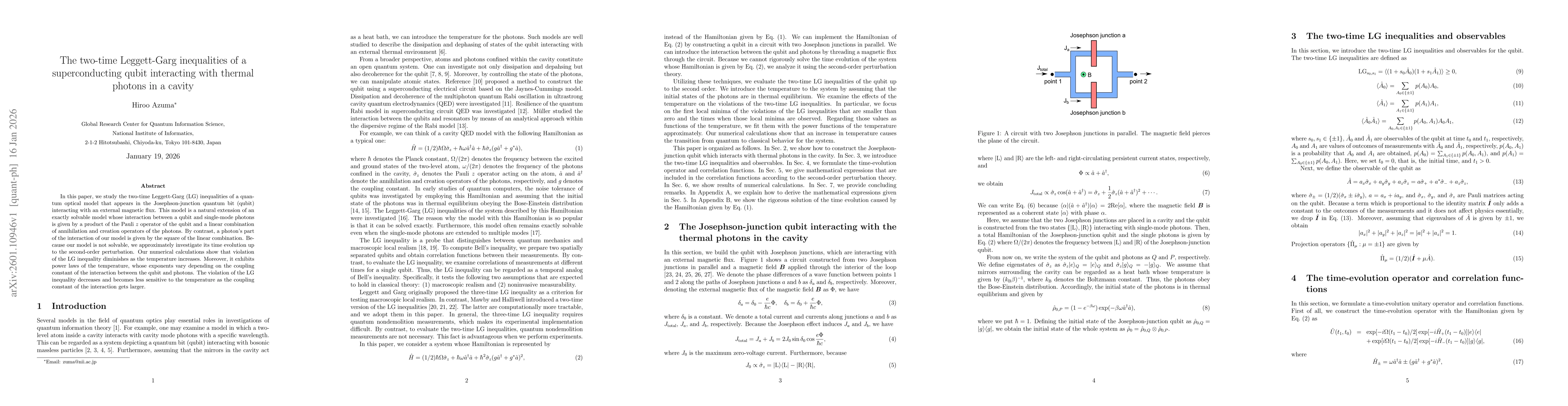 Thumbnail for The two-time Leggett-Garg inequalities of a superconducting qubit interacting with thermal photons in a cavity