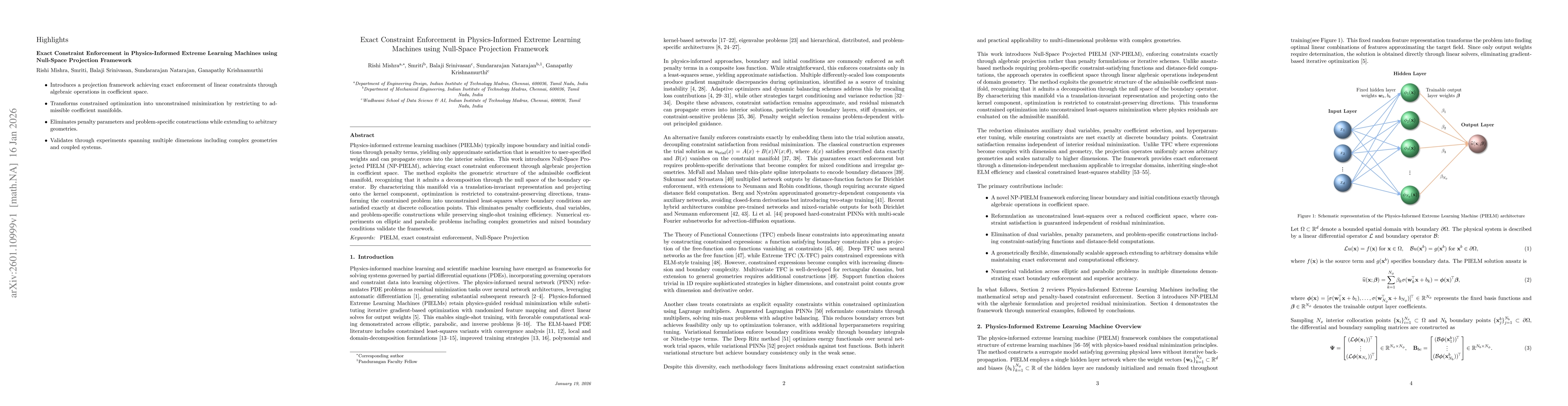 Thumbnail for Exact Constraint Enforcement in Physics-Informed Extreme Learning Machines using Null-Space Projection Framework