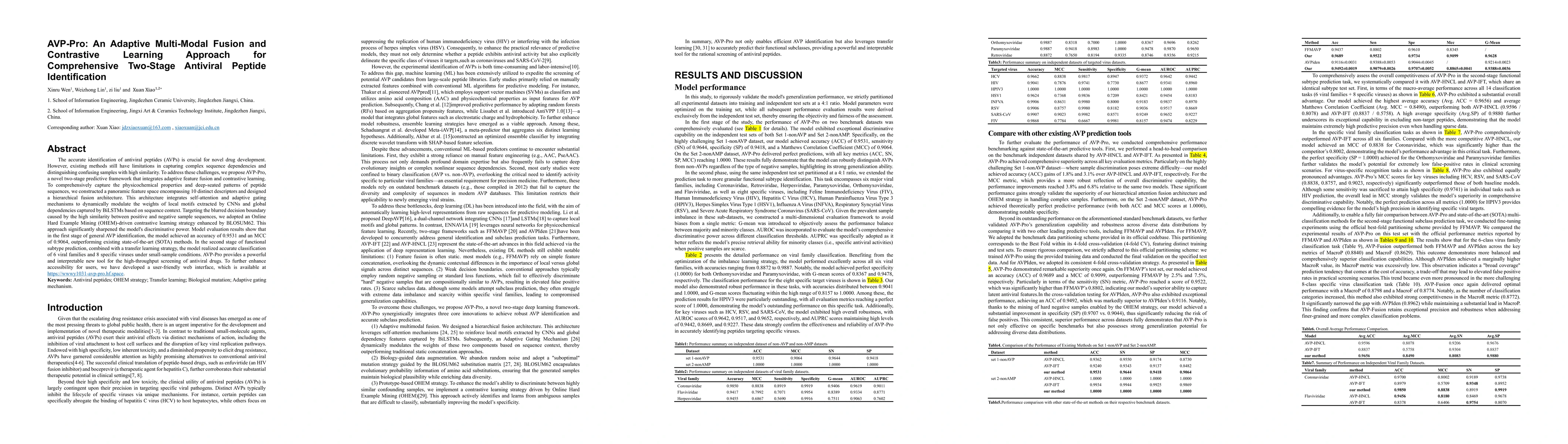 Thumbnail for AVP-Pro: An Adaptive Multi-Modal Fusion and Contrastive Learning Approach for Comprehensive Two-Stage Antiviral Peptide Identification