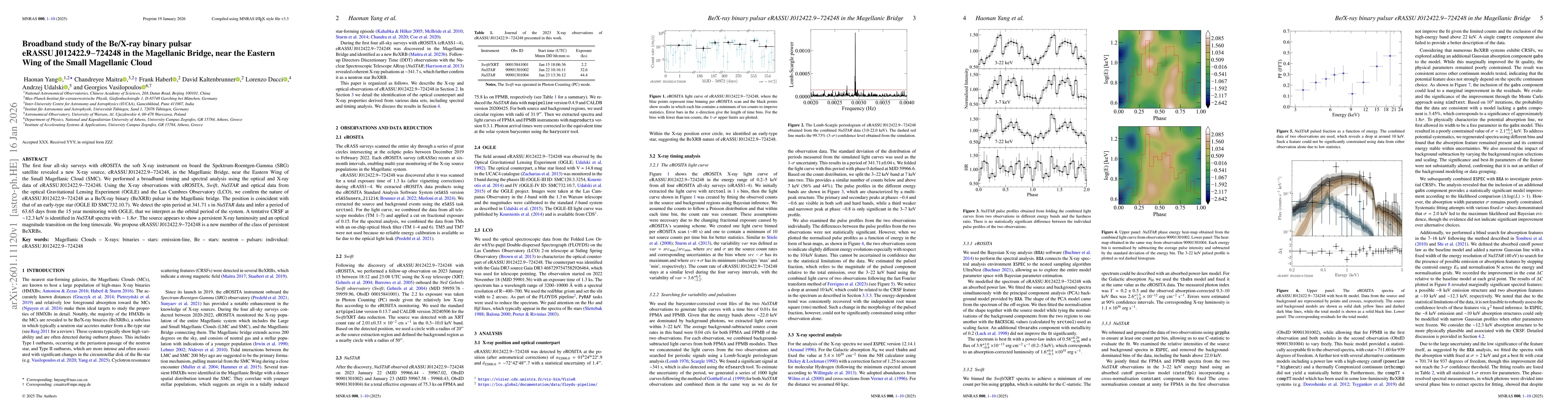Thumbnail for Broadband study of the Be/X-ray binary pulsar eRASSU J012422.9-724248 in the Magellanic Bridge, near the Eastern Wing of the Small Magellanic Cloud