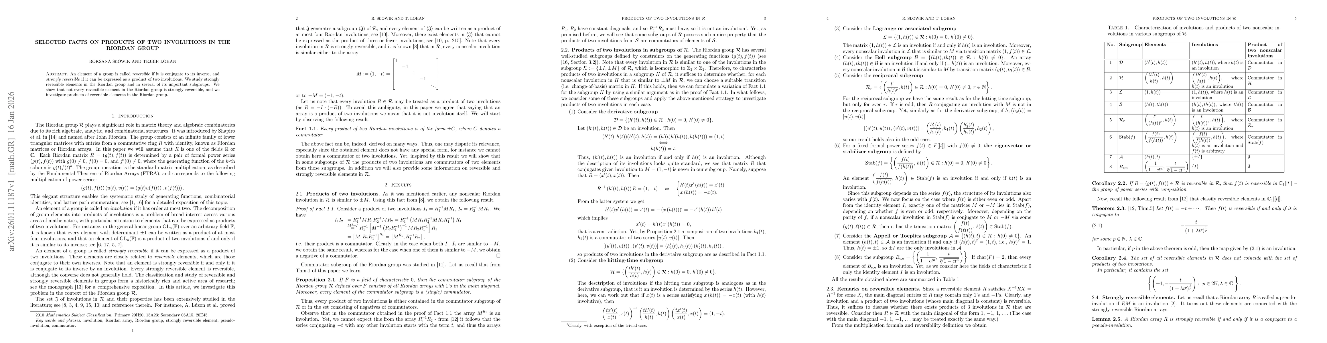 Thumbnail for Selected facts on products of two involutions in the Riordan group