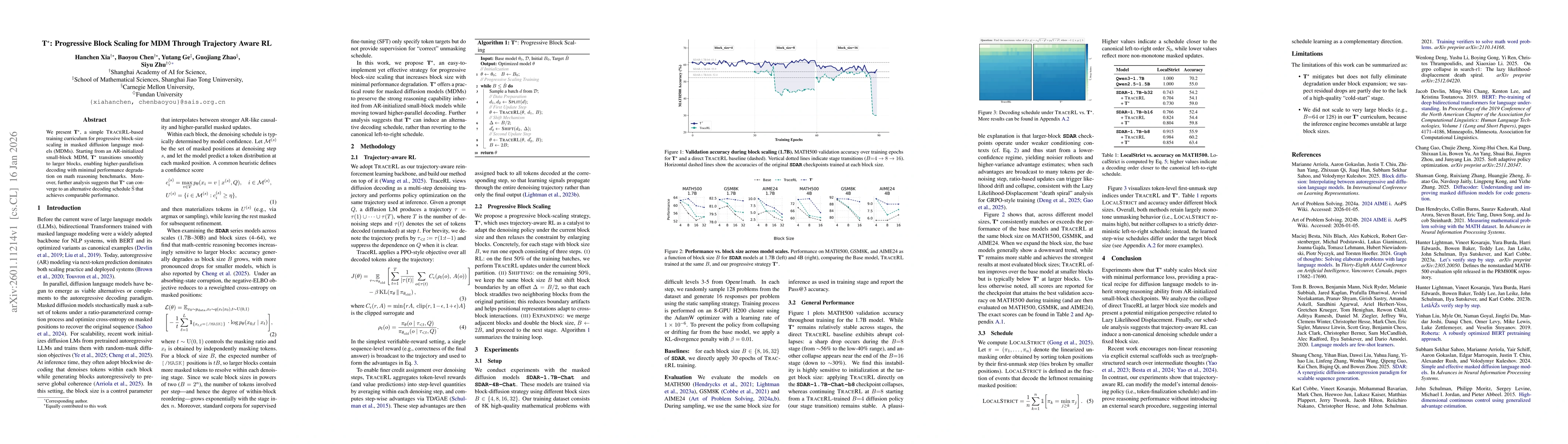Thumbnail for T$^\star$: Progressive Block Scaling for MDM Through Trajectory Aware RL