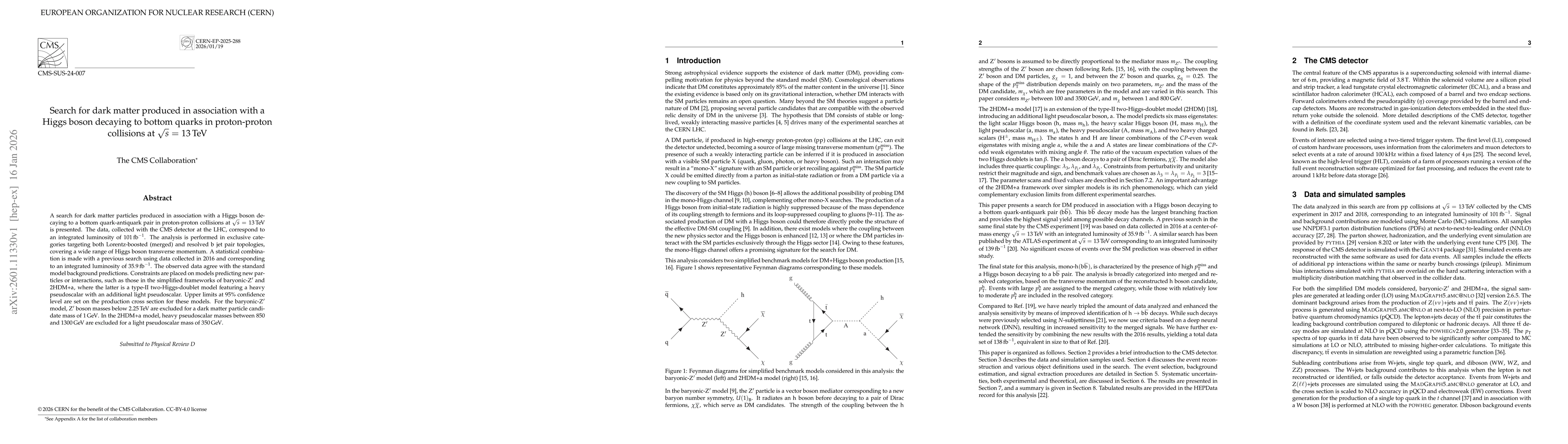 Thumbnail for Search for dark matter produced in association with a Higgs boson decaying to bottom quarks in proton-proton collisions at $\sqrt{s}$ = 13 TeV