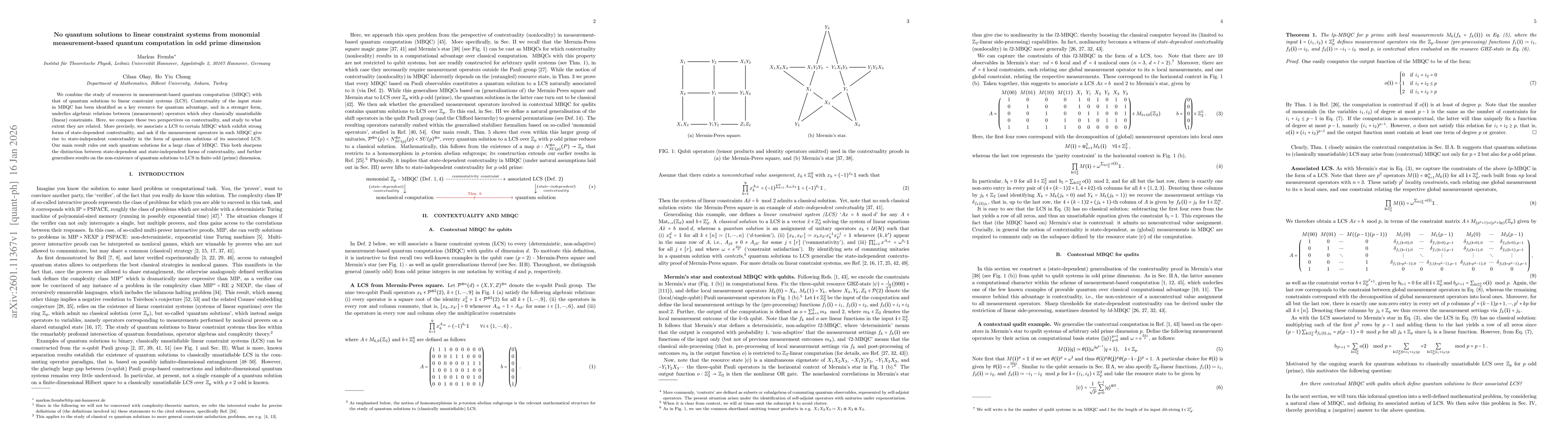 Thumbnail for No quantum solutions to linear constraint systems from monomial measurement-based quantum computation in odd prime dimension