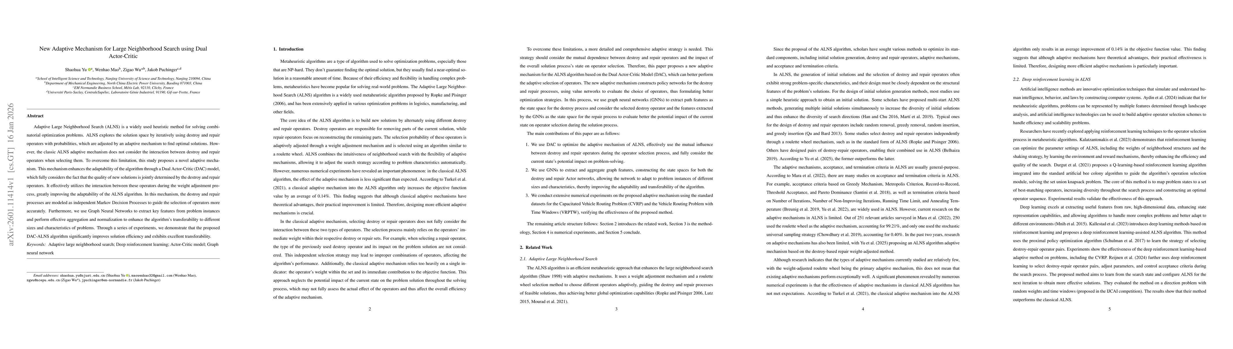 Thumbnail for New Adaptive Mechanism for Large Neighborhood Search using Dual Actor-Critic