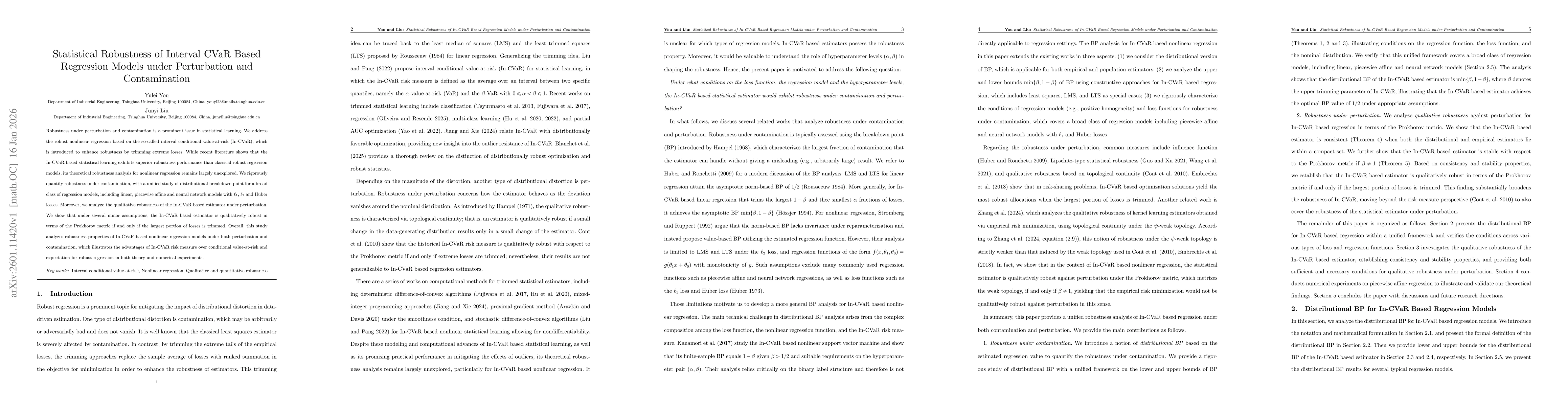 Thumbnail for Statistical Robustness of Interval CVaR Based Regression Models under Perturbation and Contamination
