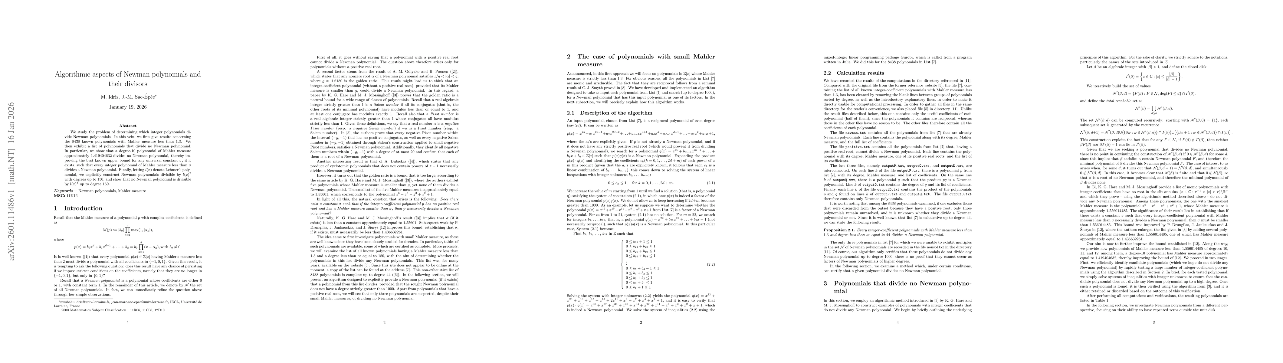Thumbnail for Algorithmic aspects of Newman polynomials and their divisors