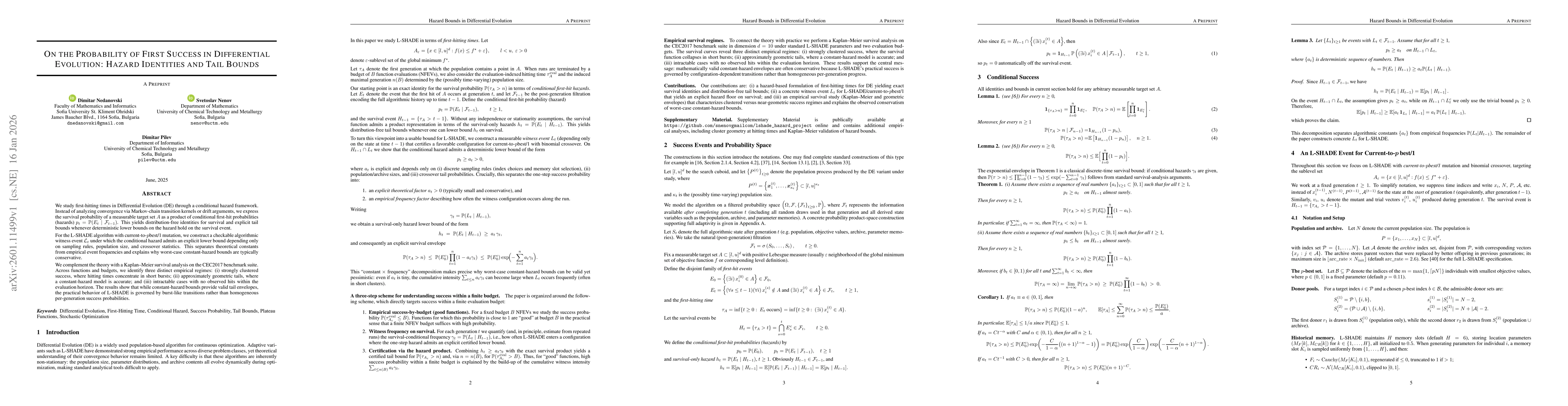 Thumbnail for On the Probability of First Success in Differential Evolution: Hazard Identities and Tail Bounds