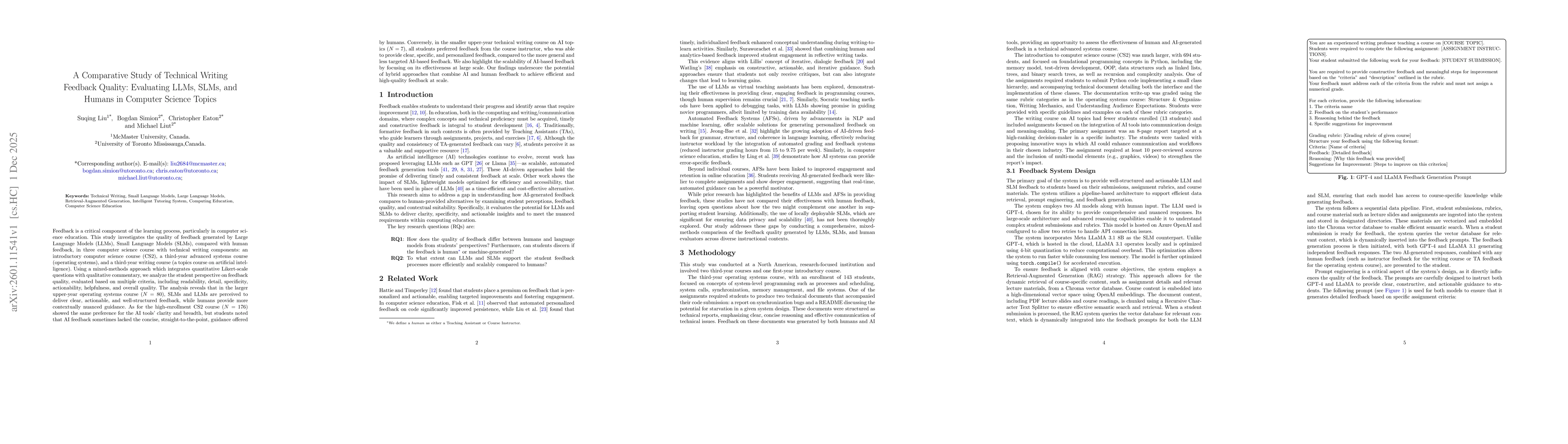 Thumbnail for A Comparative Study of Technical Writing Feedback Quality: Evaluating LLMs, SLMs, and Humans in Computer Science Topics