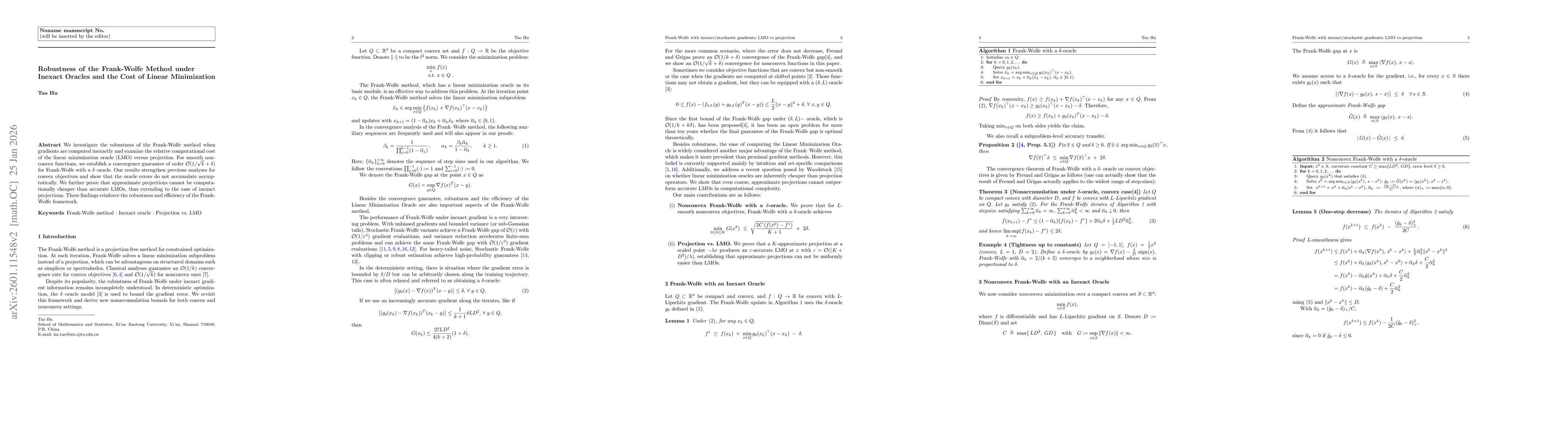 Thumbnail for Robustness of the Frank-Wolfe Method under Inexact Oracles and the Cost of Linear Minimization