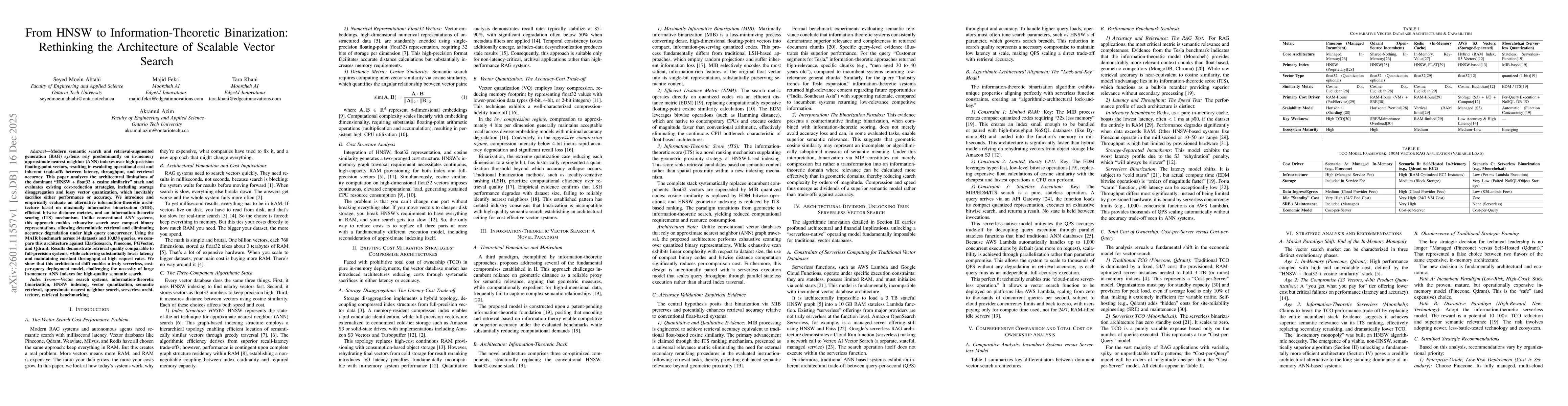 Thumbnail for From HNSW to Information-Theoretic Binarization: Rethinking the Architecture of Scalable Vector Search