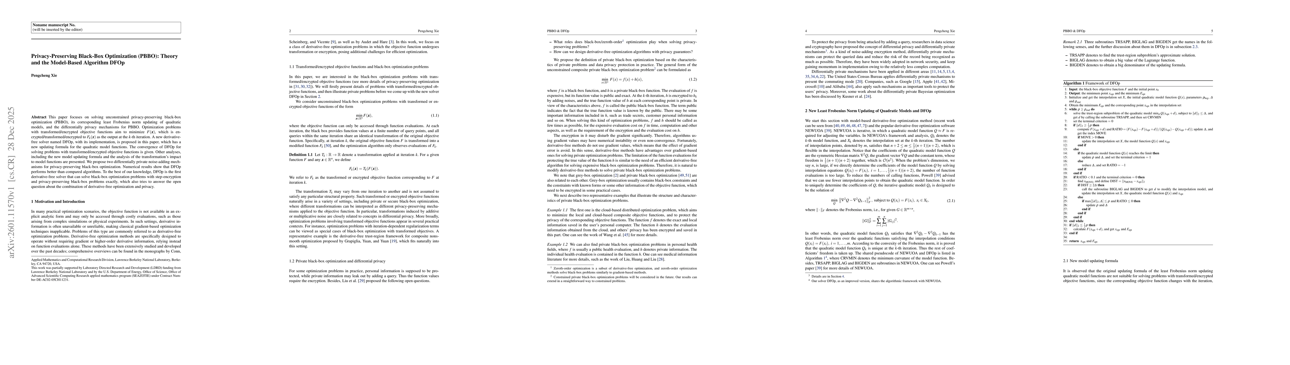 Thumbnail for Privacy-Preserving Black-Box Optimization (PBBO): Theory and the Model-Based Algorithm DFOp