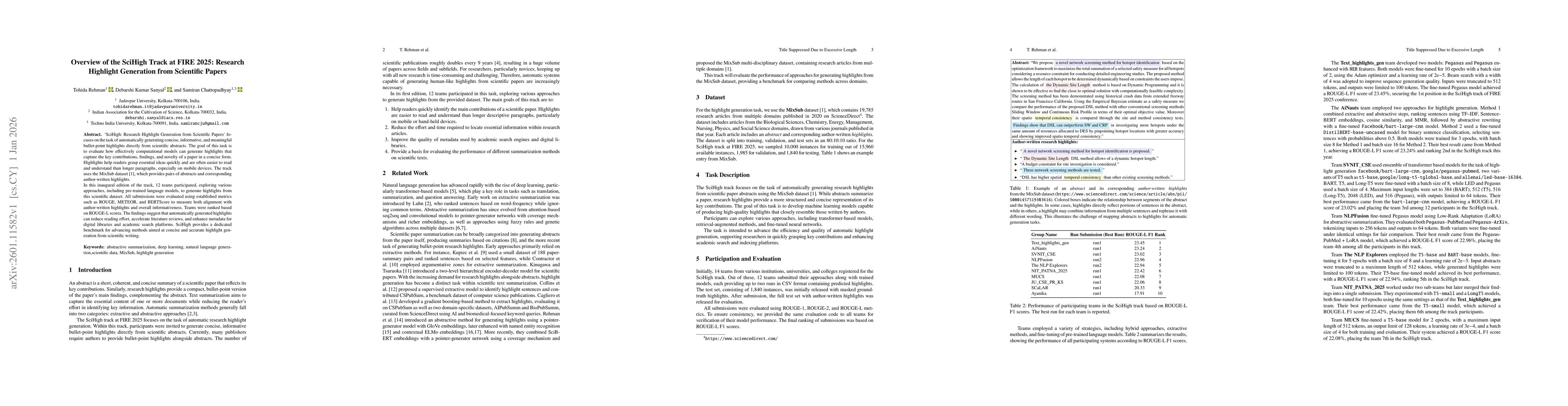 Thumbnail for Overview of the SciHigh Track at FIRE 2025: Research Highlight Generation from Scientific Papers