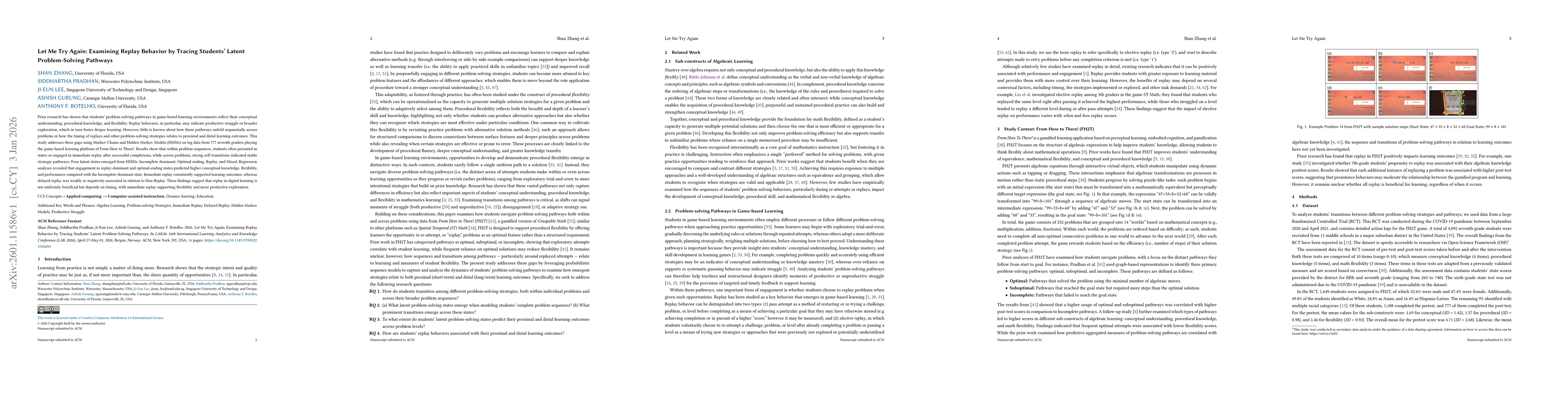 Thumbnail for Let Me Try Again: Examining Replay Behavior by Tracing Students' Latent Problem-Solving Pathways