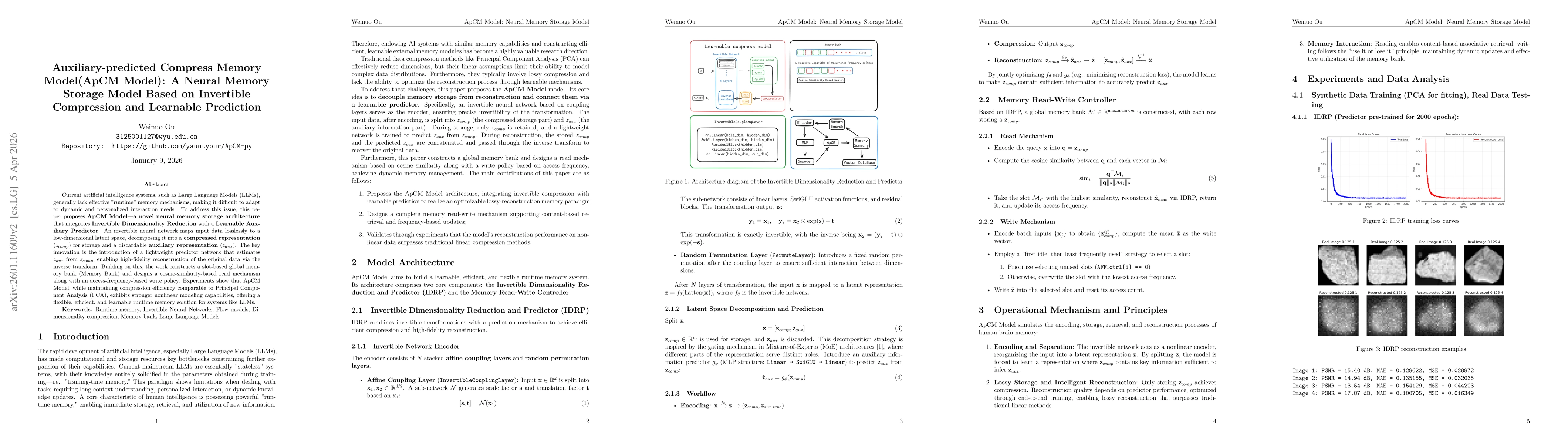Thumbnail for Auxiliary-predicted Compress Memory Model(ApCM Model): A Neural Memory Storage Model Based on Invertible Compression and Learnable Prediction