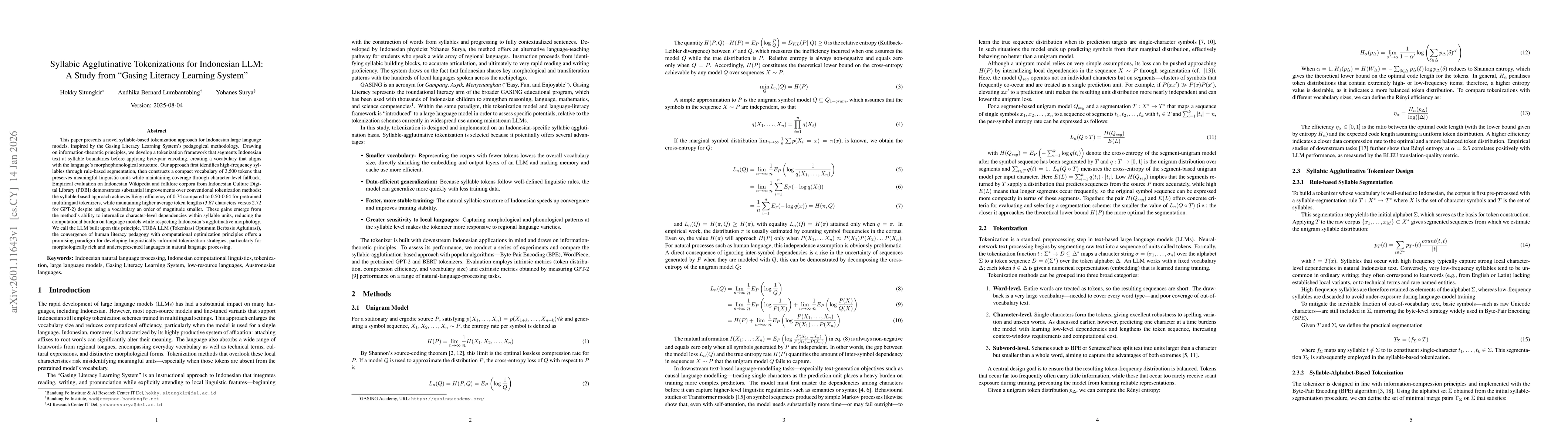 Thumbnail for Syllabic Agglutinative Tokenizations for Indonesian LLM: A Study from Gasing Literacy Learning System