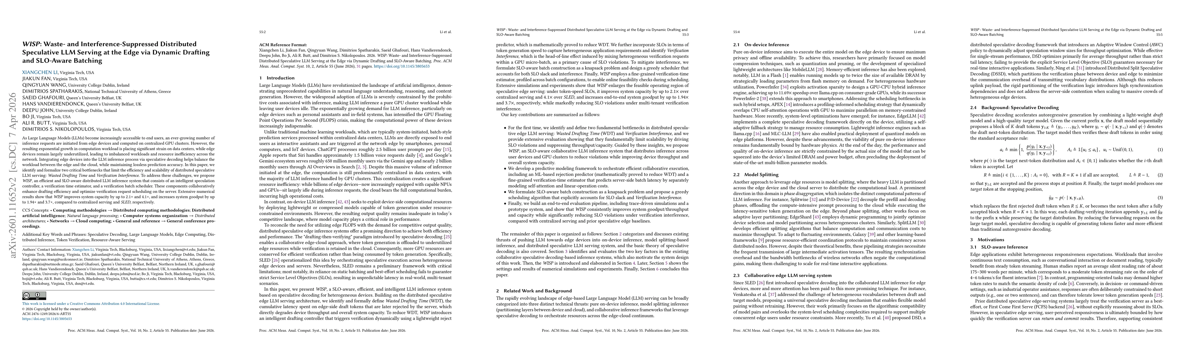 Thumbnail for WISP: Waste- and Interference-Suppressed Distributed Speculative LLM Serving at the Edge via Dynamic Drafting and SLO-Aware Batching