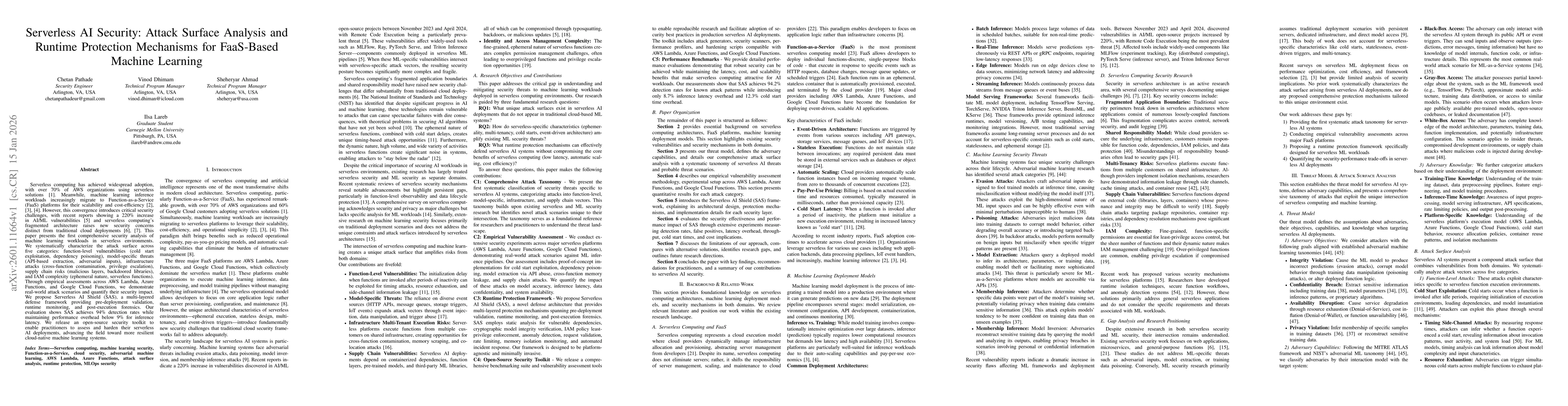 Thumbnail for Serverless AI Security: Attack Surface Analysis and Runtime Protection Mechanisms for FaaS-Based Machine Learning