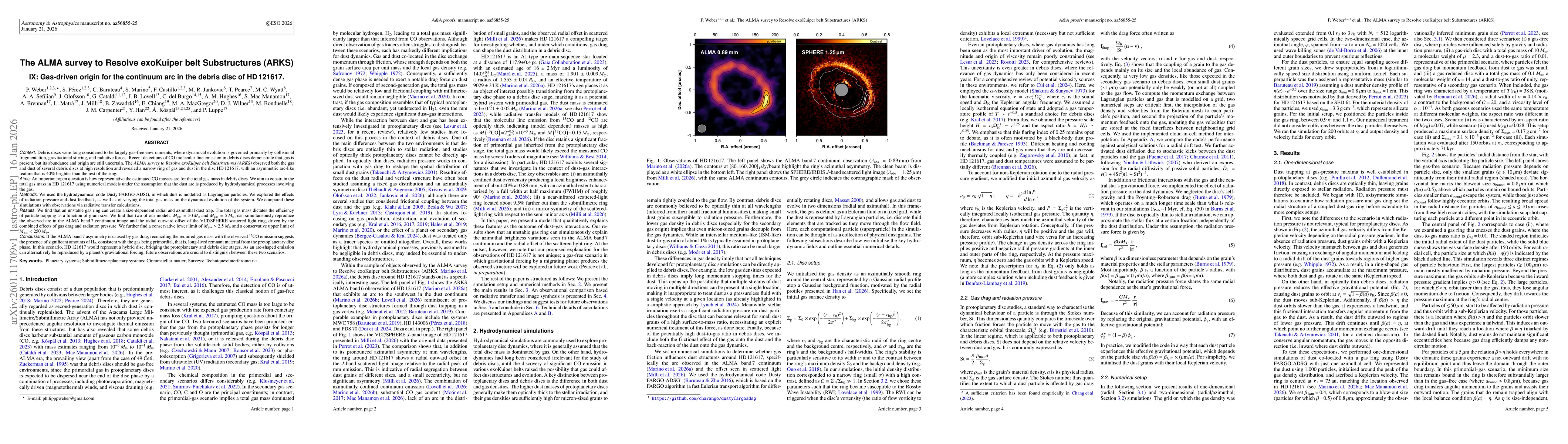 Thumbnail for The ALMA survey to Resolve exoKuiper belt Substructures (ARKS) IX: Gas-driven origin for the continuum arc in the debris disc of HD 121617