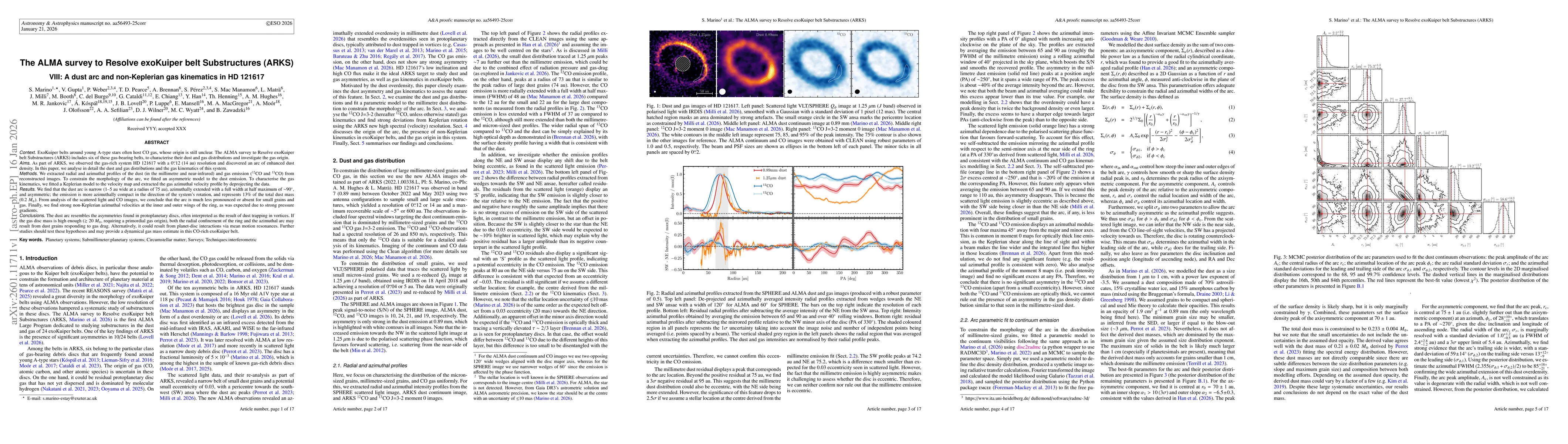 Thumbnail for The ALMA survey to Resolve exoKuiper belt Substructures (ARKS) VIII: A dust arc and non-Keplerian gas kinematics in HD 121617
