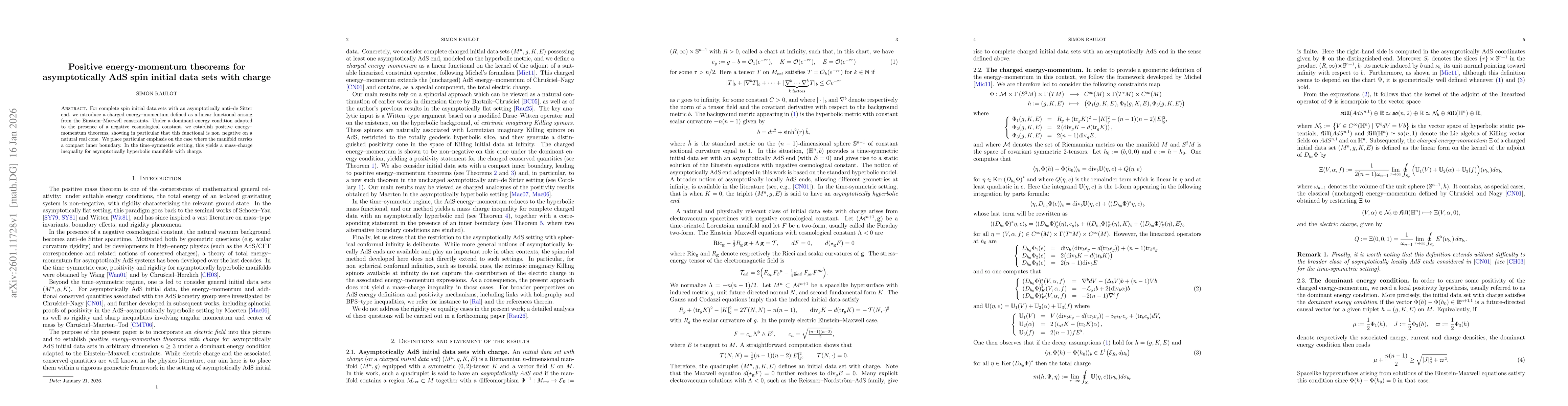 Thumbnail for Positive energy-momentum theorems for asymptotically AdS spin initial data sets with charge