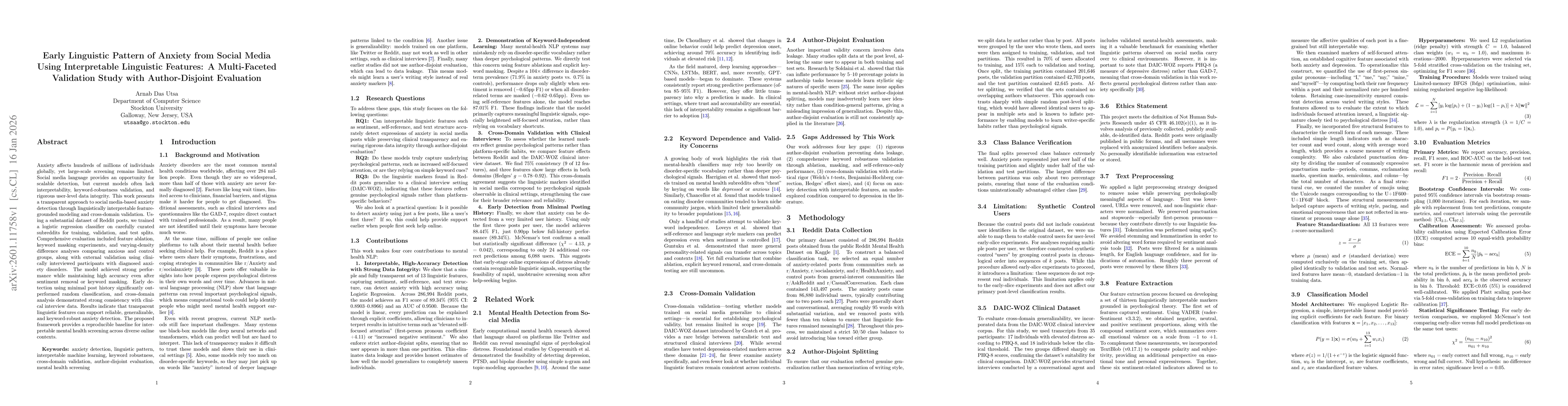 Thumbnail for Early Linguistic Pattern of Anxiety from Social Media Using Interpretable Linguistic Features: A Multi-Faceted Validation Study with Author-Disjoint Evaluation