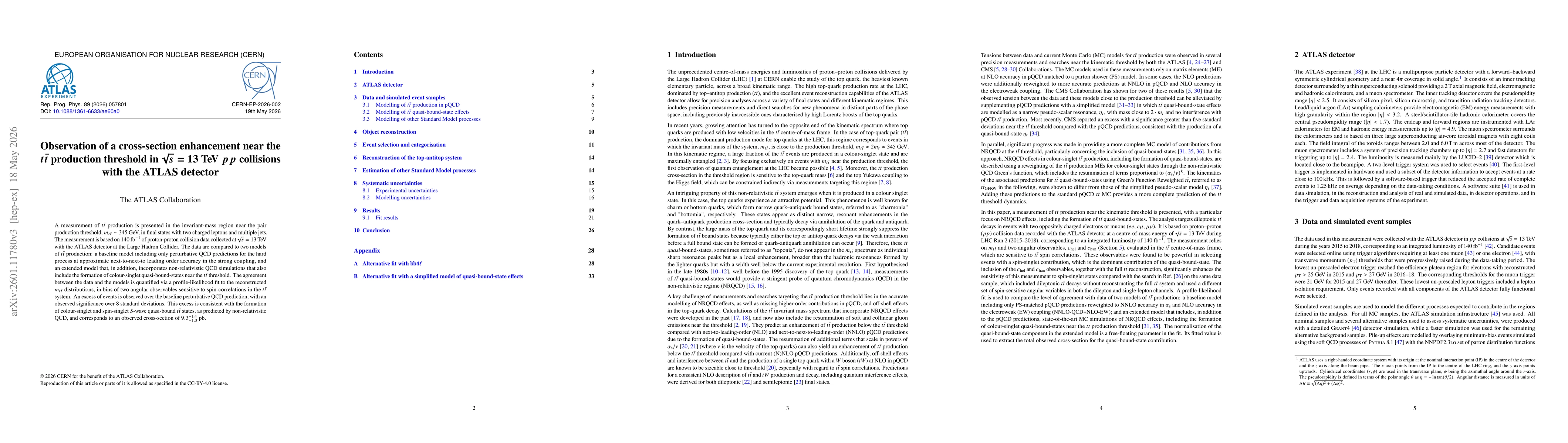 Thumbnail for Observation of a cross-section enhancement near the $t\bar{t}$ production threshold in $\sqrt{s}=13$ TeV $pp$ collisions with the ATLAS detector