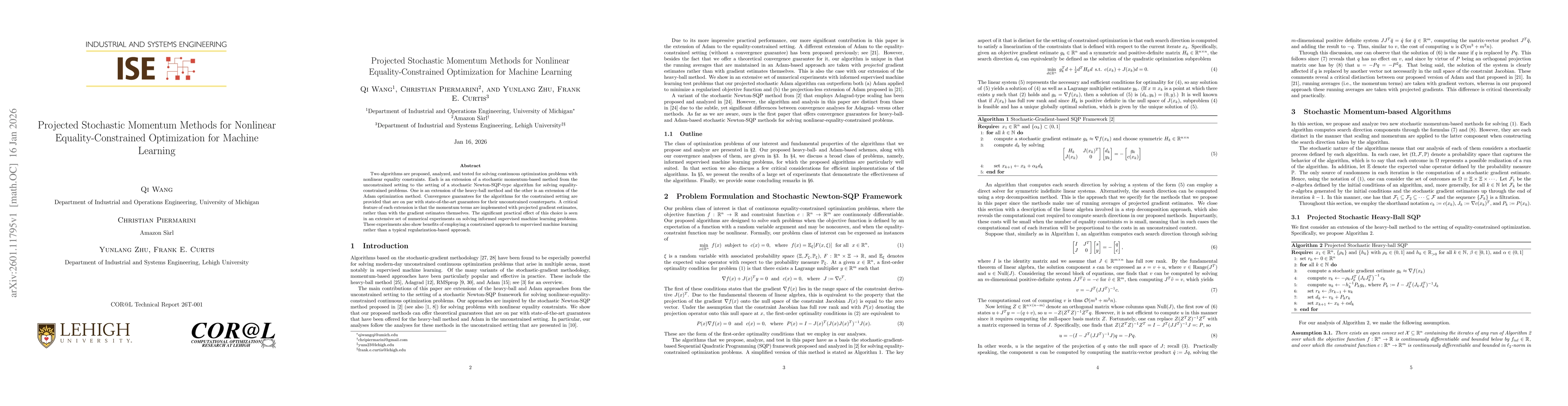 Thumbnail for Projected Stochastic Momentum Methods for Nonlinear Equality-Constrained Optimization for Machine Learning