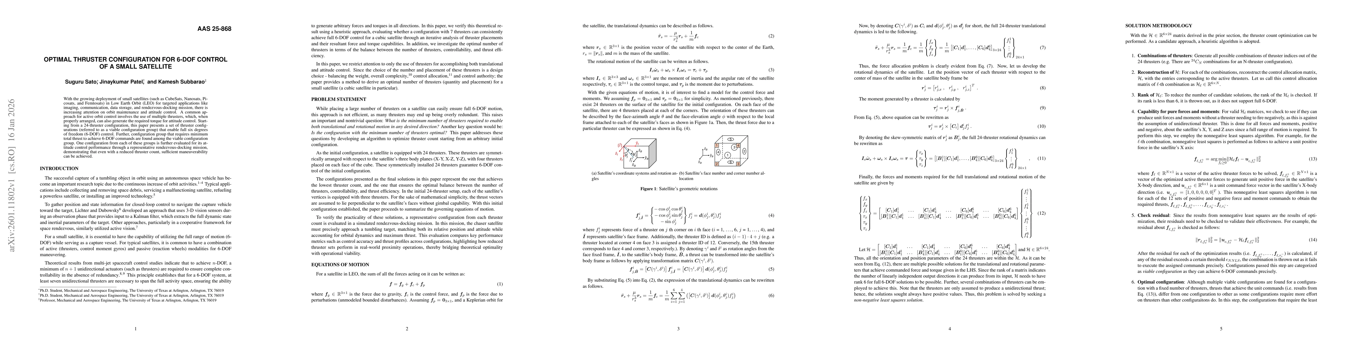 Thumbnail for Optimal Thruster Configuration for 6-DOF Control of a Small Satellite