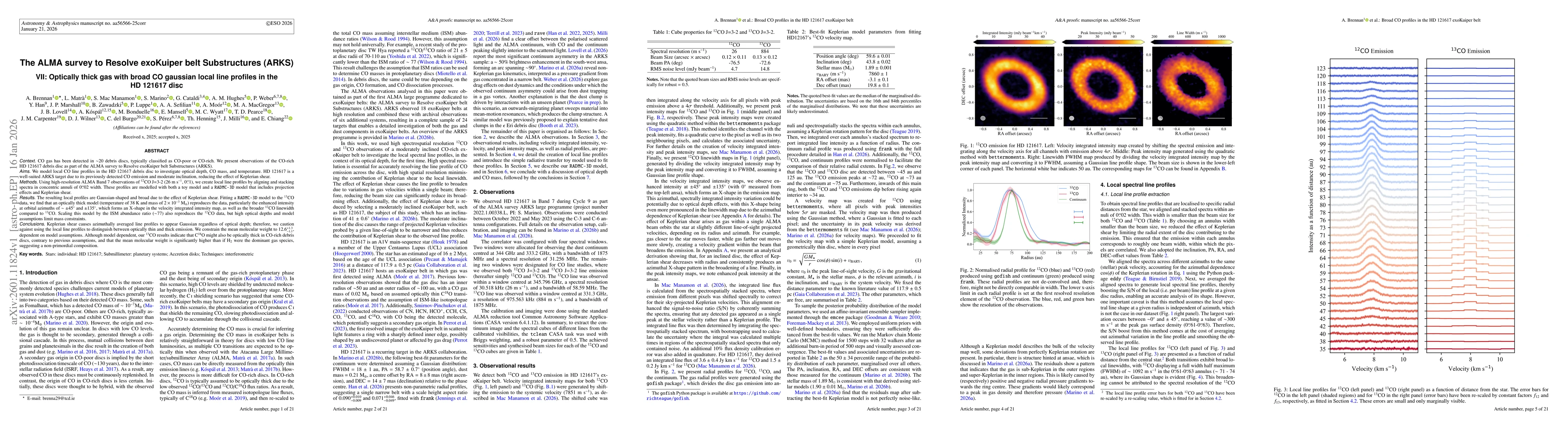 Thumbnail for The ALMA survey to Resolve exoKuiper belt Substructures (ARKS) VII: Optically thick gas with broad CO gaussian local line profiles in the HD 121617 disc