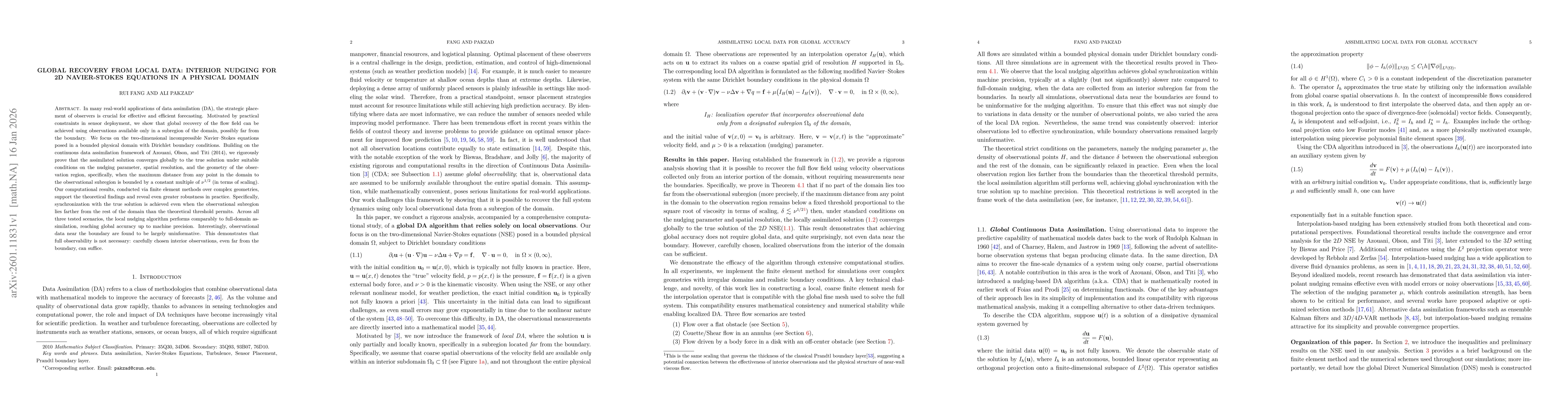Thumbnail for Global Recovery from Local Data: Interior Nudging for 2D Navier-Stokes equations in a Physical Domain
